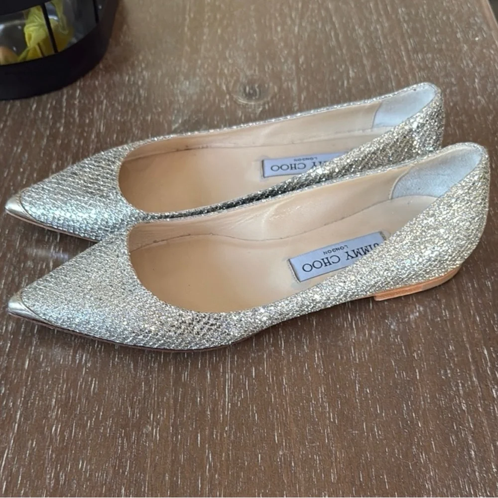Jimmy Choo Sparkling Silver Alina Flats - Picture 1 of 8